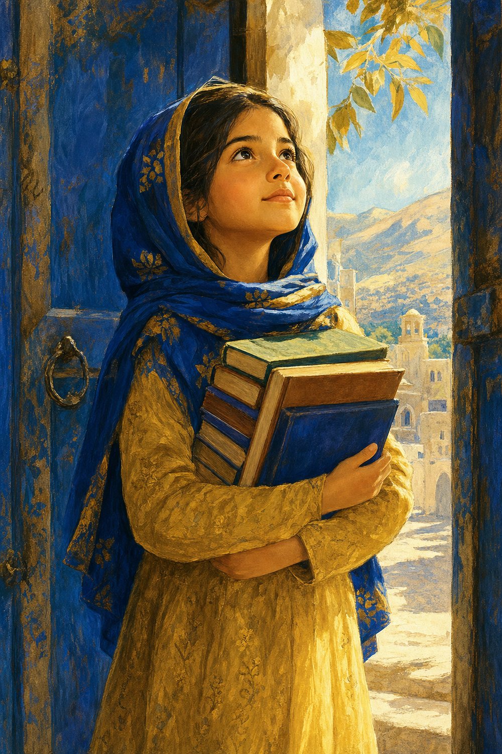 A girl in a blue and gold headscarf holding schoolbooks, looking upward in a doorway