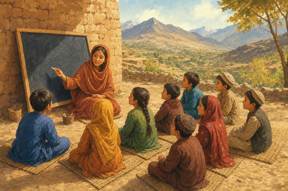 Children sitting on mats in an open-air classroom below Afghan mountains