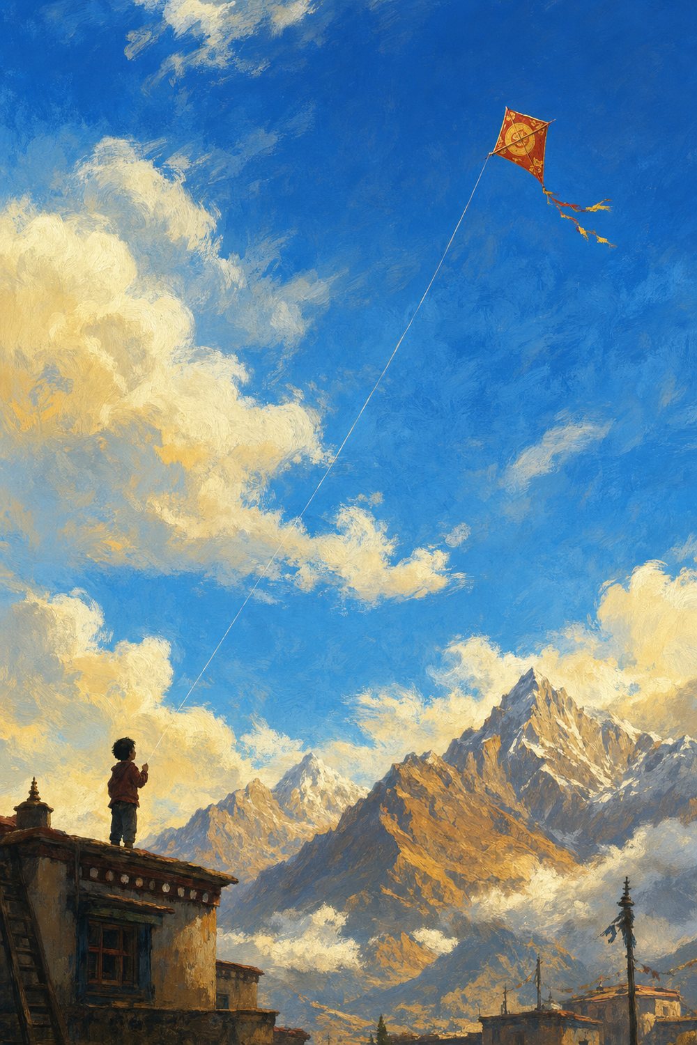 A boy stands on a rooftop flying a red and gold kite over the mountains
